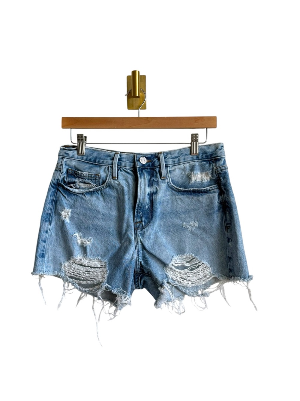 FRAME Le Bardot Straight Distressed Denim Cutoff Shorts Light Wash Size 28